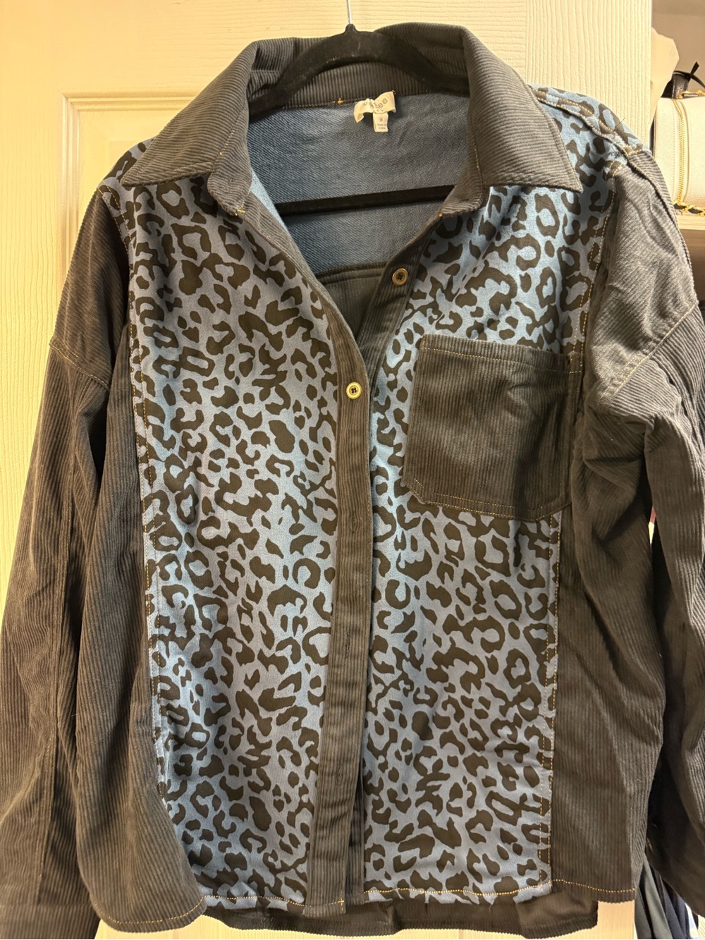 Umgee Blue and Black Leopard Corduroy Button-Down Shirt Jacket